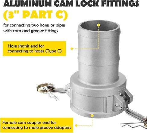 DA4030 Type DA Cam and Groove Hose Fitting, 4" Female Camlock x 3" Male Camlock, with Cam Lock Fittings 4" Part A and 3" Part C, 125PSI, Aluminum Material in Kuwait