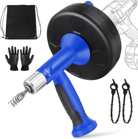 XJX Drain Auger، ثعبان السباكة مع محول الحفر، مزيل سدادة الصرف الصلب المرن بطول 25 قدمًا، يدويًا أو يعمل بالطاقة للمطبخ والحمام وحوض الدش، مع قفازات وحقيبة تخزين حمراء in Kuwait