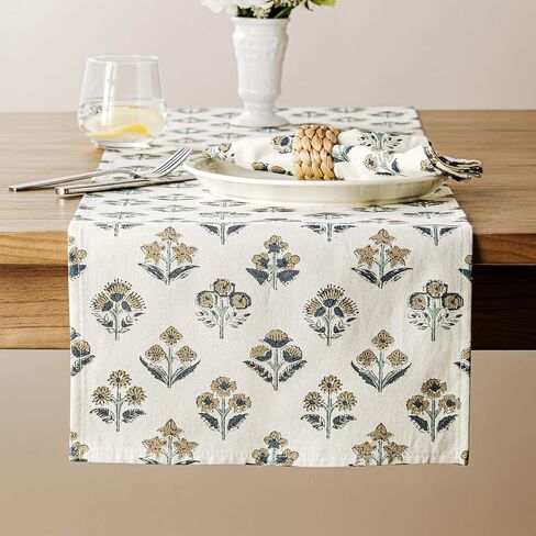 Block Print Floral Decorative Table Runners, 13x72 Inch Dusty Blue | 100% Organic Cotton Table Runner, Vintage Botanical, Soft Boho Home Decor, Machine Washable for Dining & Coffee Tables in Kuwait