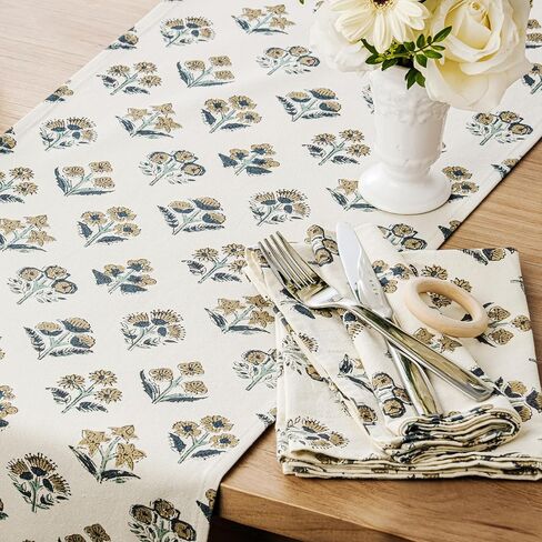 Block Print Floral Decorative Table Runners, 13x72 Inch Dusty Blue | 100% Organic Cotton Table Runner, Vintage Botanical, Soft Boho Home Decor, Machine Washable for Dining & Coffee Tables in Kuwait