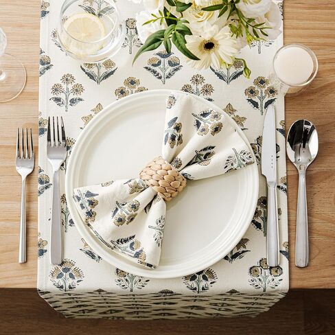 Block Print Floral Decorative Table Runners, 13x72 Inch Dusty Blue | 100% Organic Cotton Table Runner, Vintage Botanical, Soft Boho Home Decor, Machine Washable for Dining & Coffee Tables in Kuwait