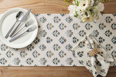 Block Print Floral Decorative Table Runners, 13x72 Inch Dusty Blue | 100% Organic Cotton Table Runner, Vintage Botanical, Soft Boho Home Decor, Machine Washable for Dining & Coffee Tables in Kuwait