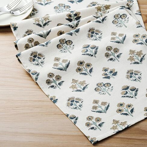 Block Print Floral Decorative Table Runners, 13x72 Inch Dusty Blue | 100% Organic Cotton Table Runner, Vintage Botanical, Soft Boho Home Decor, Machine Washable for Dining & Coffee Tables in Kuwait