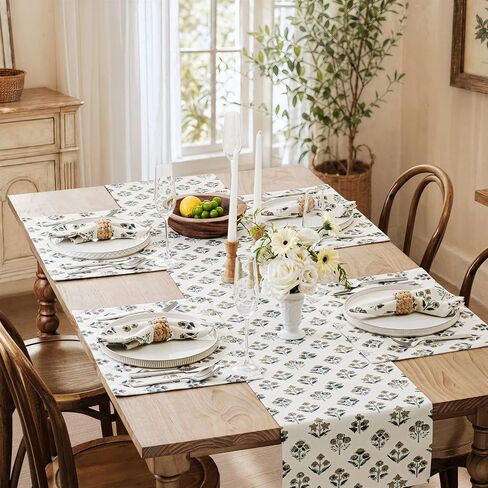 Block Print Floral Decorative Table Runners, 13x72 Inch Dusty Blue | 100% Organic Cotton Table Runner, Vintage Botanical, Soft Boho Home Decor, Machine Washable for Dining & Coffee Tables in Kuwait