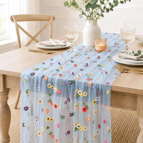 Floral Table Runner Embroidery Daisy Spring Summer Pink Gauze Table Decor 10ft Seasonal Flower Tulle Sheer Kitchen Dining Wedding Anniversary Holiday Birthday Dining Table Decorarion in Kuwait