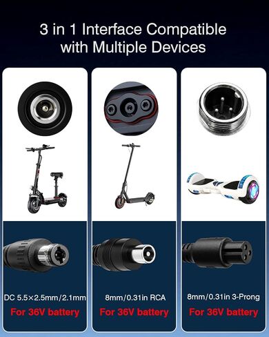 شاحن سكوتر كهربائي 42 فولت 2 أمبير، متوافق مع سكوتر Segway Ninebot/Gotrax/Jetson 36 فولت وألواح الحوامات، شاحن بطارية ليثيوم 36 فولت معتمد من UL - إيقاف تلقائي، حافظة مقاومة للهب V0 in Kuwait
