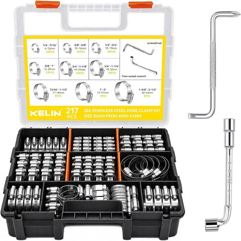 KELIN 217PCS 304 Stainless Steel Hose Clamp Kit, 9 Sizes from 1/4" to 2-1/2" (6-63mm) Adjustable Worm Gear Clamps with Socket Wrench& Screwdriver, Automotive Fuel Line Water Pipe Clamps Assortment Set in Kuwait