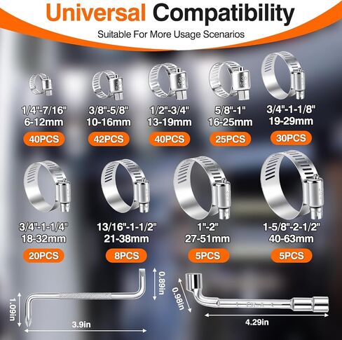 KELIN 217PCS 304 Stainless Steel Hose Clamp Kit, 9 Sizes from 1/4" to 2-1/2" (6-63mm) Adjustable Worm Gear Clamps with Socket Wrench& Screwdriver, Automotive Fuel Line Water Pipe Clamps Assortment Set in Kuwait
