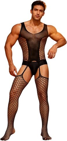 ohmydear Mens Bodysuit Fishnet Bodystocking One Piece Suspender Pantyhose Mens Sexy Underwear Sexy Lingerie for Men Plus Size in Saudi Arabia
