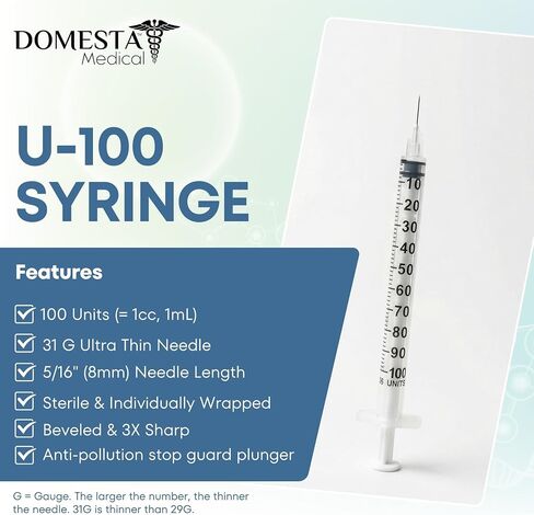 100 عبوة من حقنة U-100 سعة 1 مل (1 سم مكعب) مع إبرة 31 جرام، 5/16 بوصة (8 مم) | محاقن معقمة يمكن التخلص منها ملفوفة بشكل فردي مع 3 إبرة حادة | حاوية أدوات حادة سعة 1 جالون مجانًا in Kuwait