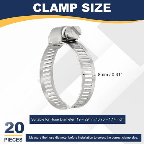 PATIKIL 20 Pcs Adjustable Hose Clamps,3/4"-1-1/8" (19mm-29mm) 304 Stainless Steel Worm Gear Drive Duct Pipe Clamp for Plumbing Automotive Mechanical Hose Connections, Silver in Kuwait