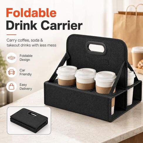 Portable Drink Carrier with Handle, 6 Cup Reusable Drink Carrier for Delivery,Foldable Cup Coffee Carrier, Cocktails, Wine, Safely Secures Hot and Cold Beverages in Kuwait