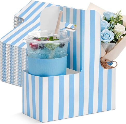 50 Pack 2 Cup Disposable Drink Carrier with Handle Kraft Paperboard Handled Drink Carrier Paper Cup Holder Suitable for Coffee Beverages Afternoon Tea Parties Weddings(Striped,Light Blue) in Kuwait