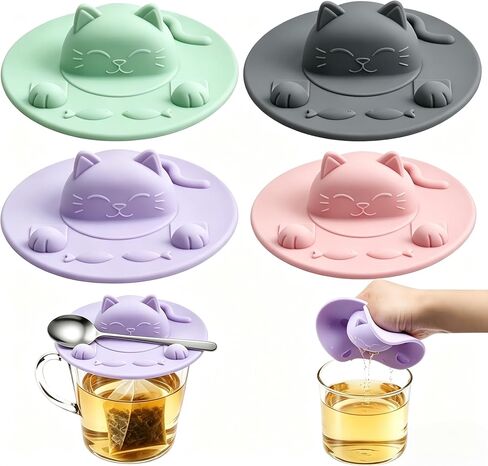 Silicone Tea Bag Holder Squeezer, 4 Pcs Silicone Cup Covers for Cat Lovers, Food Grade Tea Cup Cover Mug Lid for Mug Coffee Milk Tea, 4 Color, Dishwasher Safe in Kuwait