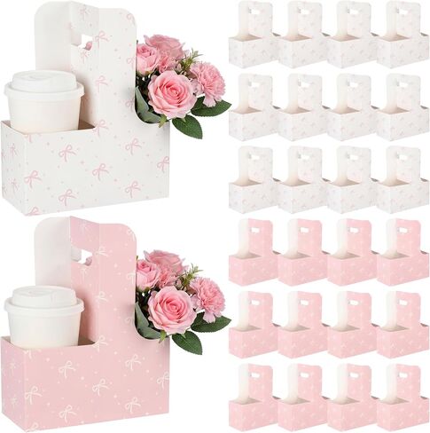 Fuyoooo 24 Pcs Pink Bow Disposable Paper Cardboard Gift Bags Coffee Cup Holder 2 Cup Coquette Drink Carrier with Handle Portable Drink Flower Cups Carriers Foldable Cups Holder Party Supplies in Kuwait