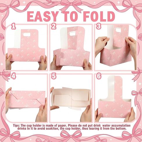 Fuyoooo 24 Pcs Pink Bow Disposable Paper Cardboard Gift Bags Coffee Cup Holder 2 Cup Coquette Drink Carrier with Handle Portable Drink Flower Cups Carriers Foldable Cups Holder Party Supplies in Kuwait