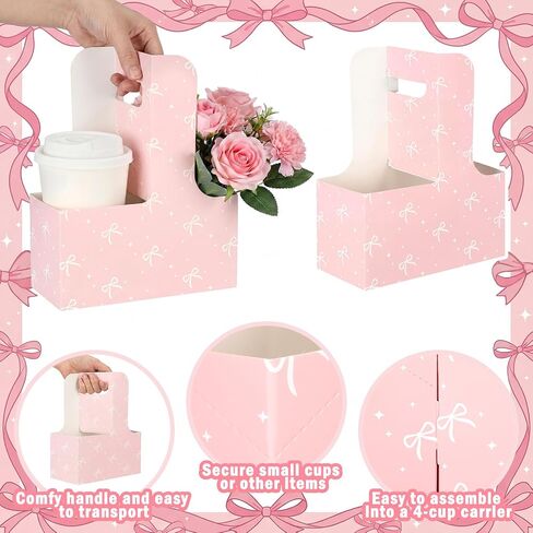 Fuyoooo 24 Pcs Pink Bow Disposable Paper Cardboard Gift Bags Coffee Cup Holder 2 Cup Coquette Drink Carrier with Handle Portable Drink Flower Cups Carriers Foldable Cups Holder Party Supplies in Kuwait