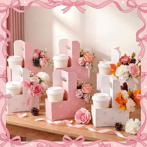 Fuyoooo 24 Pcs Pink Bow Disposable Paper Cardboard Gift Bags Coffee Cup Holder 2 Cup Coquette Drink Carrier with Handle Portable Drink Flower Cups Carriers Foldable Cups Holder Party Supplies in Kuwait