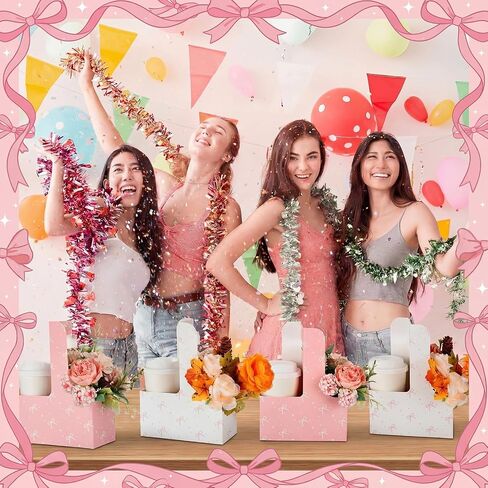 Fuyoooo 24 Pcs Pink Bow Disposable Paper Cardboard Gift Bags Coffee Cup Holder 2 Cup Coquette Drink Carrier with Handle Portable Drink Flower Cups Carriers Foldable Cups Holder Party Supplies in Kuwait