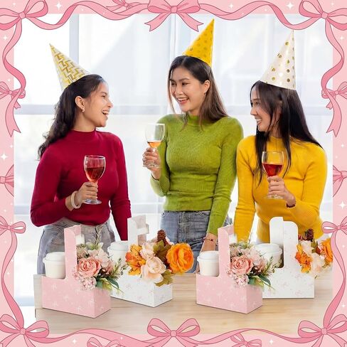 Fuyoooo 24 Pcs Pink Bow Disposable Paper Cardboard Gift Bags Coffee Cup Holder 2 Cup Coquette Drink Carrier with Handle Portable Drink Flower Cups Carriers Foldable Cups Holder Party Supplies in Kuwait