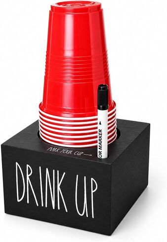 Cup Holder with Marker Slot, Mark Your Cup and Drink Up Cups Dispenser, Farmhouse Disposable Cups Organizer, Rustic Plastic Cups Caddy for Wedding Housewarming Party Decor in Kuwait
