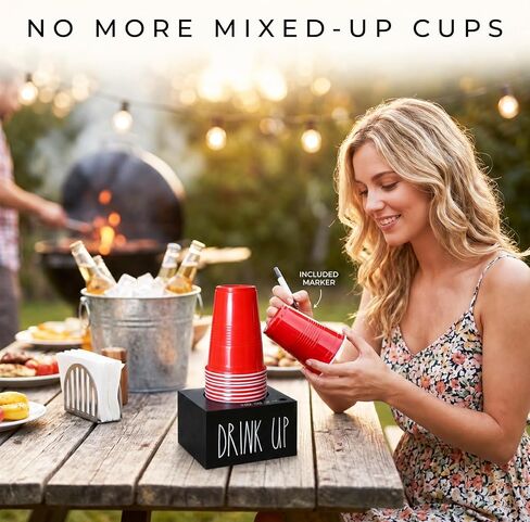 Cup Holder with Marker Slot, Mark Your Cup and Drink Up Cups Dispenser, Farmhouse Disposable Cups Organizer, Rustic Plastic Cups Caddy for Wedding Housewarming Party Decor in Kuwait