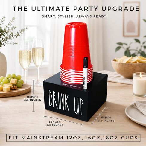 Cup Holder with Marker Slot, Mark Your Cup and Drink Up Cups Dispenser, Farmhouse Disposable Cups Organizer, Rustic Plastic Cups Caddy for Wedding Housewarming Party Decor in Kuwait