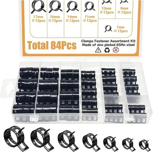 84Pcs Vacuum Spring Hose Clip Assortment Kit 7 Sizes for Fuel, Oil, Water, and CPU Tubing - Durable Metal Fasteners in Saudi Arabia