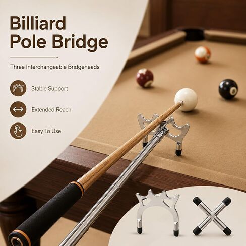 Retractable Pool Bridge Stick Silver EVA Grip with 3 Detachable Bridge Heads Multi Angle Billiard Support Shrinks to 12.8 Inch Pool Table Cue Accessory in Kuwait