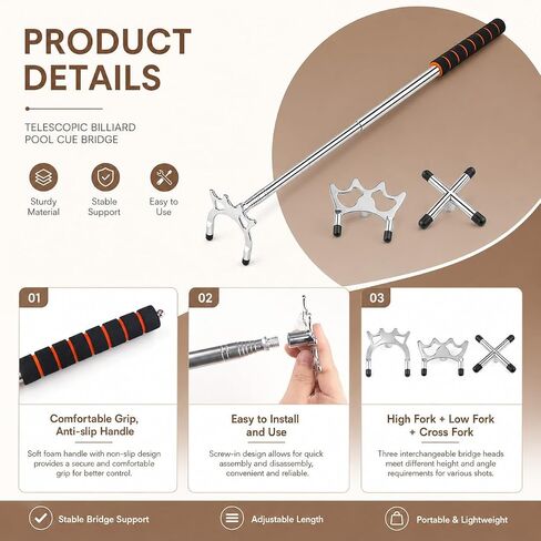 Retractable Pool Bridge Stick Silver EVA Grip with 3 Detachable Bridge Heads Multi Angle Billiard Support Shrinks to 12.8 Inch Pool Table Cue Accessory in Kuwait