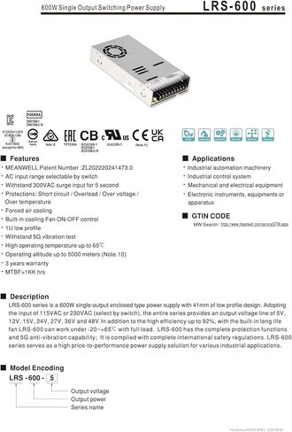 LRS-600-5 500W Single Output Switching Power Supply LRS-600 5V/100A in Kuwait