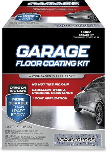 Garage Floor Kit – 2-Part Epoxy Coating for Concrete Floors, High-Gloss Finish, Chemical & Stain Resistant, Indoor Use, 1-Car Garage Coverage (Gray) in Kuwait