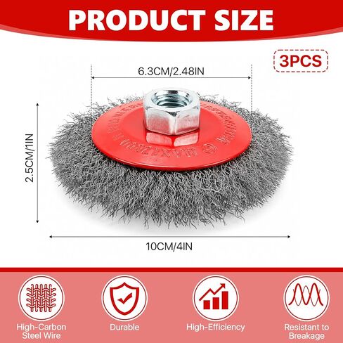 3 Pcs 4 Inch Coarse Crimped Wire Wheel, Carbon Steel Wire Wheel Brush for 4 1/2 Angle Grinder with 5/8"-11 Threaded Arbor, Cup Wires Brush for Polishing, Corrosion, Paint Removal in Kuwait