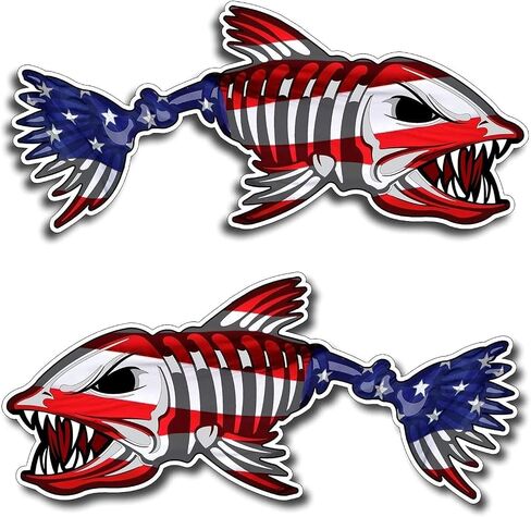 2 pcs US Flag Skeleton Fish Sticker by NTICKER - Waterproof Vinyl, Patriotic American Flag Fishbone Kayak, Fishing Boat Decal (6in, RR) in Kuwait
