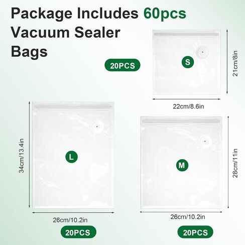 60 PCS Vacuum Sealer Bags for Food with Air Valve Zipper, Reusable Sous Vide Bags Compatible with Handheld & External Vacuum Sealer Machines, 3 Size in Kuwait