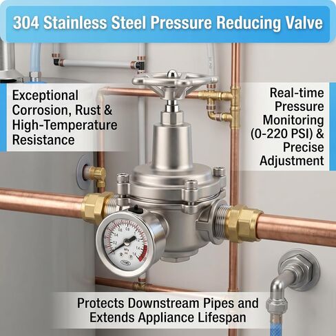 MEANLIN MEASURE 3/4 "Basket Strainer Type Water Pressure Reducing Valve, DN20, 304 Stainless Steel Adjustable Pressure Regulator with 0-220 PSI Gauge, for Plumbing, RV, Industrial Water Pipe System in Kuwait