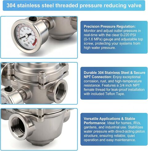 MEANLIN MEASURE 3/4 "Basket Strainer Type Water Pressure Reducing Valve, DN20, 304 Stainless Steel Adjustable Pressure Regulator with 0-220 PSI Gauge, for Plumbing, RV, Industrial Water Pipe System in Kuwait
