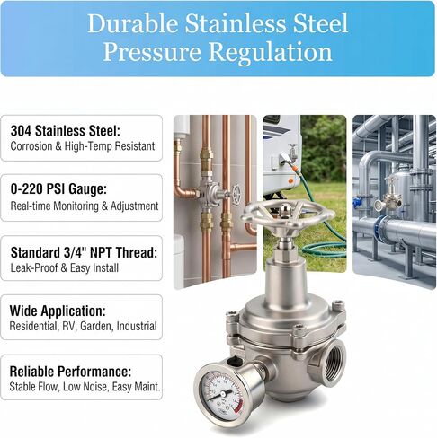MEANLIN MEASURE 3/4 "Basket Strainer Type Water Pressure Reducing Valve, DN20, 304 Stainless Steel Adjustable Pressure Regulator with 0-220 PSI Gauge, for Plumbing, RV, Industrial Water Pipe System in Kuwait