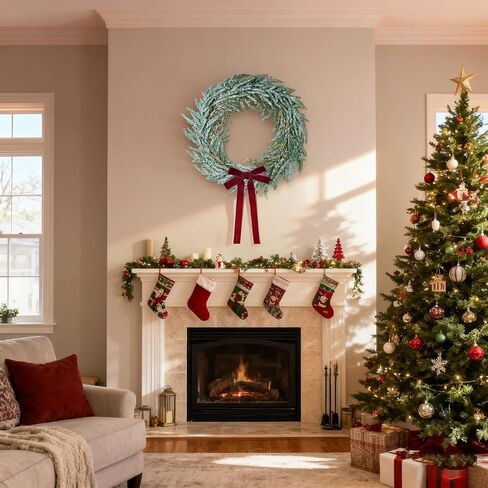 Vintage 17 inch Christmas Norfolk Pine Wreath,Realistic Greenery Christmas Wreath with Brown Velvet Bows and Gold Leaves,Evergreen Xmas Wreaths for Front Door Cabinet Window Decoration in Saudi Arabia