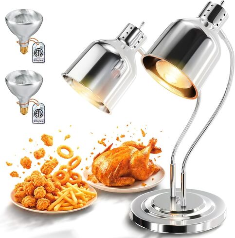 PYY Food Heat Lamp - [2 Bulbs Included] 500W Fast-Heating 2-Head Food Warmer Light, ETL-Certified Heat Lamp for Food, Stainless Steel Heavy Base for Restaurant, Catering, Buffet (Polished Sliver) in Kuwait