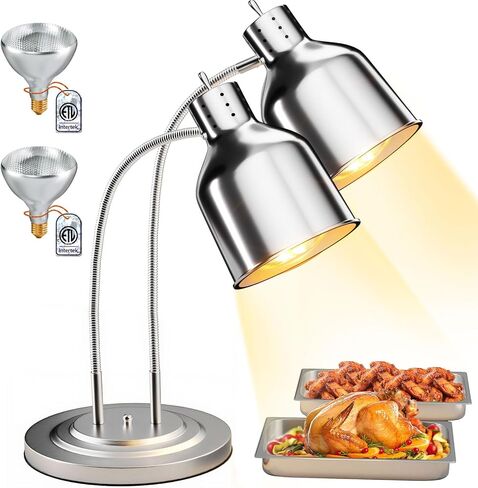 PYY Food Heat Lamp - [2 Bulbs Included] 500W Fast-Heating 2-Head Food Warmer Light, ETL-Certified Heat Lamp for Food, Stainless Steel Heavy Base for Restaurant, Catering, Buffet (Polished Sliver) in Kuwait