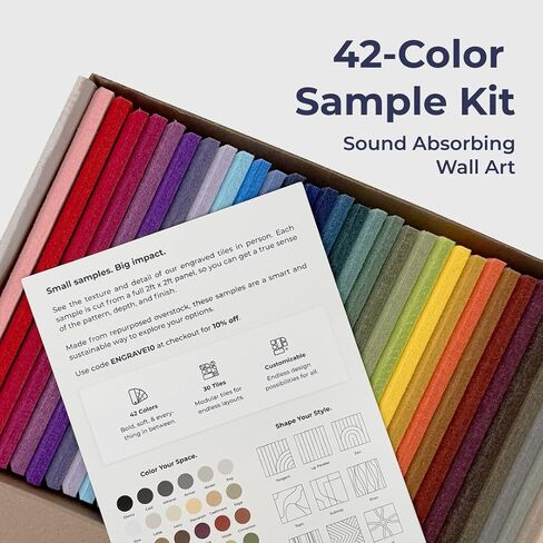 Felt Right Full 42-Color Felt Wall Tile Sample Kit, 2"x8" Beveled PET Acoustic Felt Swatches, Color and Texture Samples for Wall Panels, Pinnable, Renter Friendly, Made from 50% Recycled Material in Kuwait