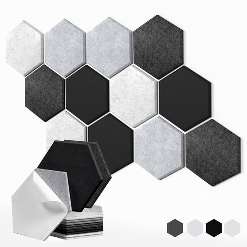 Hexagon Acoustic Panels 12 Pack, High Density Self Adhesive Soundproof Sound Absorbing Wall Panels 12"x10"x0.4", Decorative Sound Dampening Panels for Studio Office Home(Black,Grey) | Multiple Colors Available in Kuwait