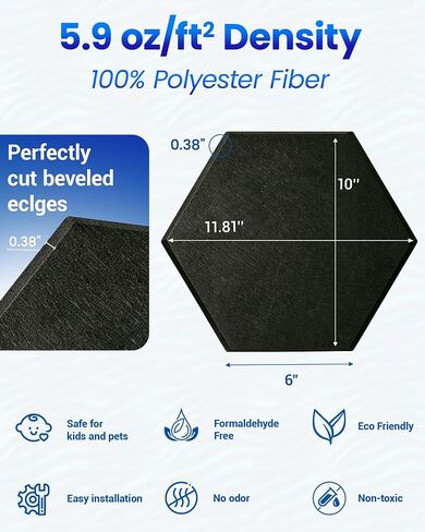 Hexagon Acoustic Panels 12 Pack, High Density Self Adhesive Soundproof Sound Absorbing Wall Panels 12"x10"x0.4", Decorative Sound Dampening Panels for Studio Office Home(Black,Grey) | Multiple Colors Available in Kuwait