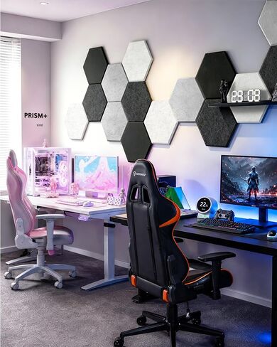 Hexagon Acoustic Panels 12 Pack, High Density Self Adhesive Soundproof Sound Absorbing Wall Panels 12"x10"x0.4", Decorative Sound Dampening Panels for Studio Office Home(Black,Grey) | Multiple Colors Available in Kuwait
