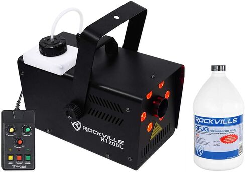 حزمة Rockville R1200L: آلة الضباب/الدخان مع مصابيح LED RGB، 7 قنوات DMX، أجهزة تحكم عن بعد سلكية ولاسلكية، سائل عصير الضباب RFJG جالون لإضاءة المسرح والدي جي، عنصران in Kuwait