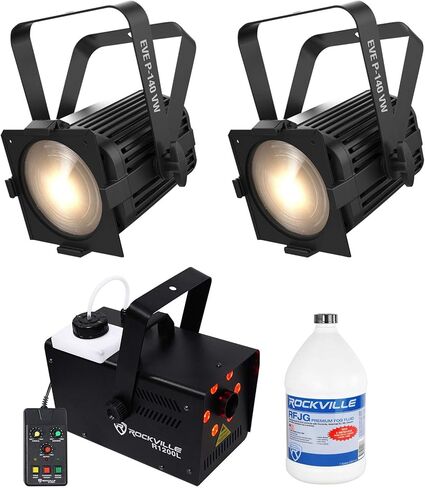 حزمة التوفير الصوتي: (2) مجموعة مصابيح Chauvet DJ EVE P-140 VW DMX D-Fi متغيرة باردة/دافئة للغسيل الأبيض مع آلة الضباب Rockville R1200L وسائل عصير الضباب Rockville RFJG Gallon (4 عناصر) in Kuwait