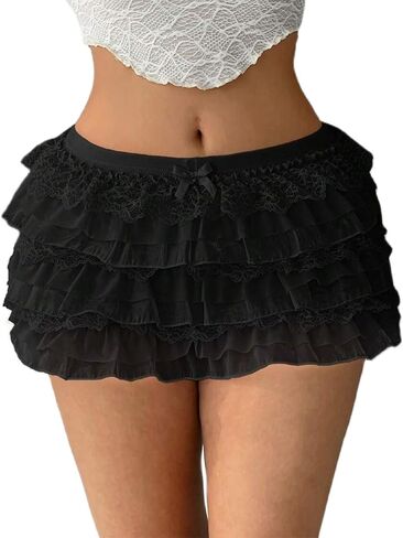 Women Y2k Lace Layered Mini Skirt Low Rise Ruffle Short Tiered Skirt Cute Aline Multi Layer Cake Skirts in Saudi Arabia
