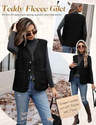 Women's Fleece Vests Button Warm Sleeveless Coat Vest Fall Fuzzy Lightweight Jackets Winter Soft Outerwear with Pockets in Saudi Arabia