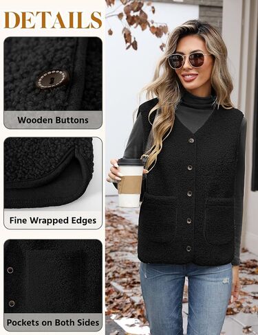 Women's Fleece Vests Button Warm Sleeveless Coat Vest Fall Fuzzy Lightweight Jackets Winter Soft Outerwear with Pockets in Saudi Arabia